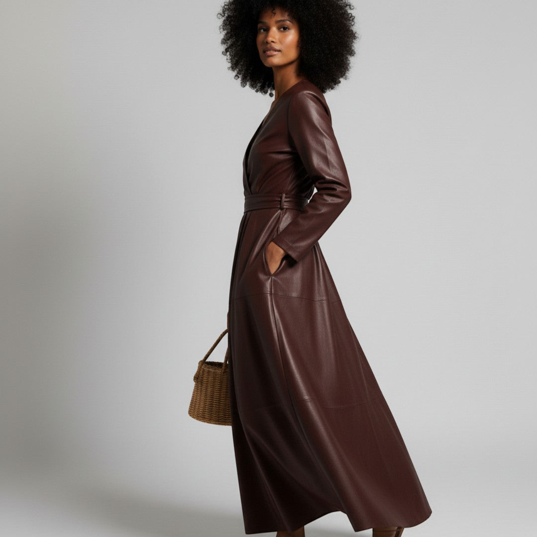 SaintGarnier™ | Bordeaux Leather Midi Dress