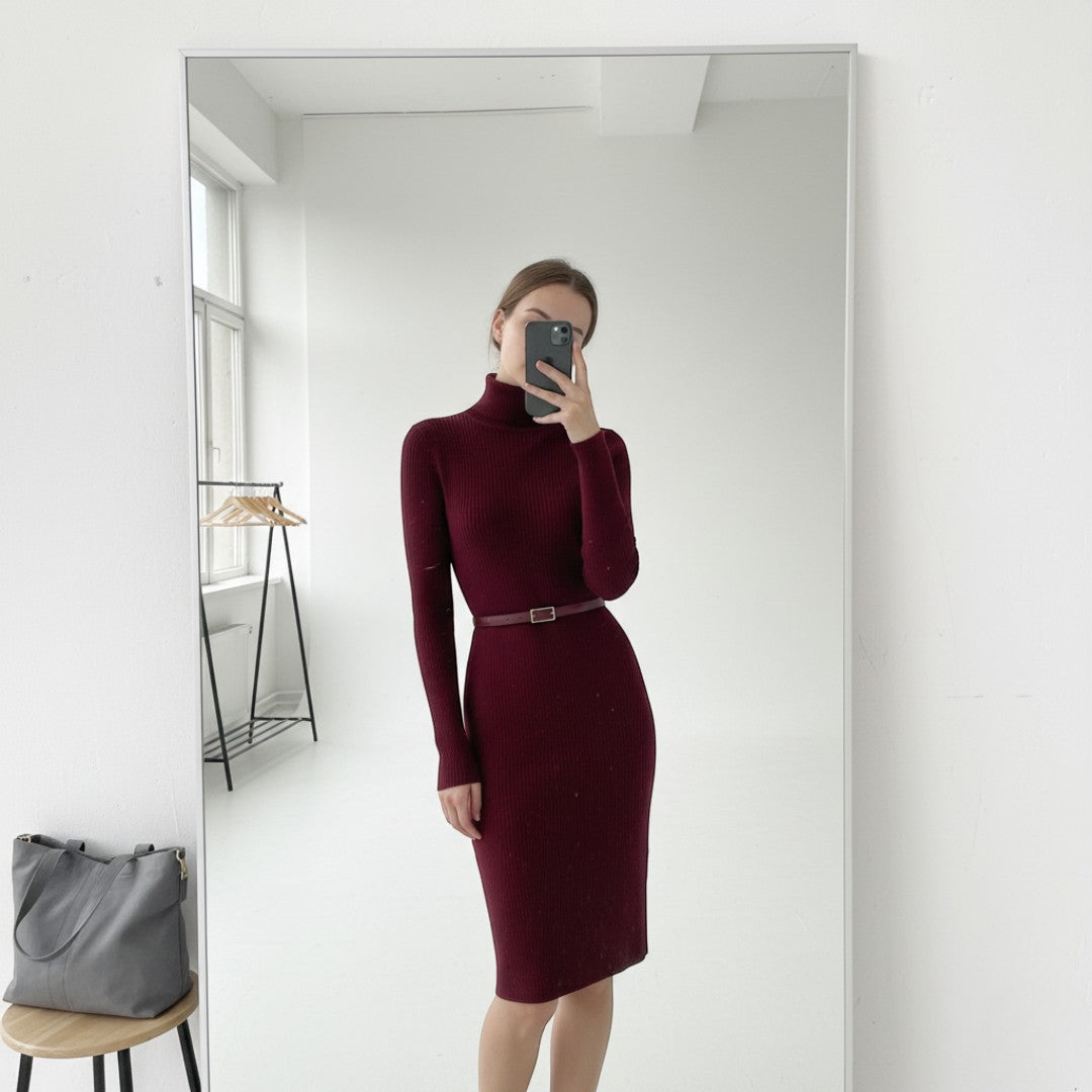 SaintGarnier™ | Burgundy Turtleneck Dress